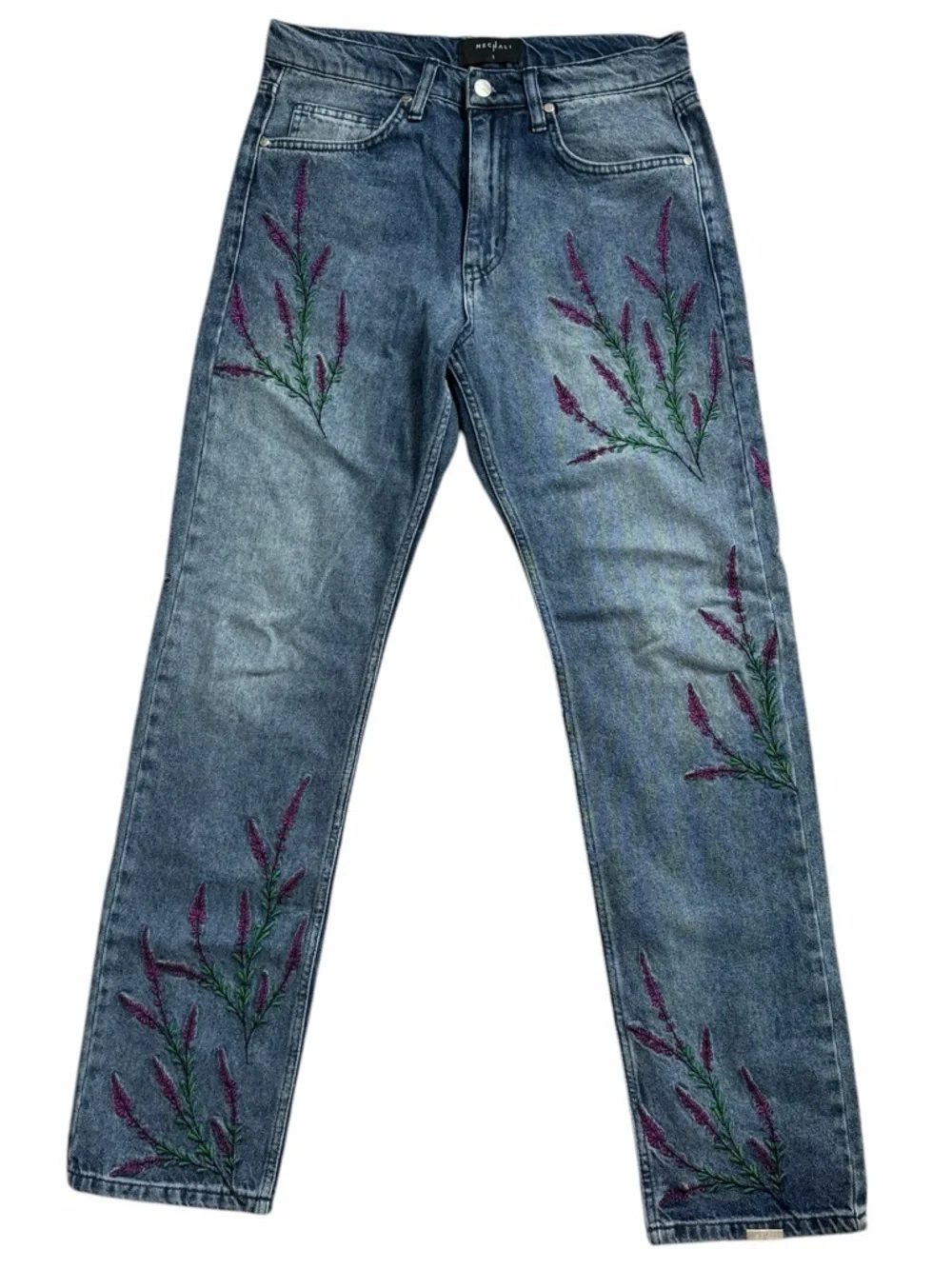 Mechali Embroidered Jeans Floral Denim Straight Leg Unisex S